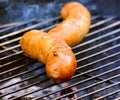 Grilled appetizing sausage grilled on a fire for beer
