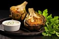 grilled artichokes displayed on a black slate with a small ramekin of garlic dip