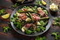 Grilled Asparagus, parma ham salad with mozzarella cheese and green vegetables Royalty Free Stock Photo