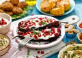 Grilled eggplant with yoghurt sauce, pomegranate seeds and fresh fresh herbs on a ceramic plate Royalty Free Stock Photo