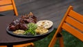 Grilled baked meat with hummus. Photo of food on a dark background