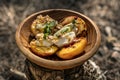 Grilled baked peaches, sweet with cinnamon and cottage cheese. food photo