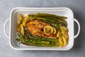 Grilled, baked salmon served on a plate with asparagus and potatoes