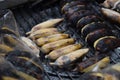 Grilled banana on hot coal for making dry Royalty Free Stock Photo