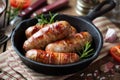 Grilled banges or sausages in a pan