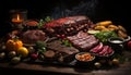 Grilled barbecue beef and pork, cooked on a wood fire generated by AI Royalty Free Stock Photo