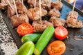 Grilled barbecue meat on stick sever with vegetables Royalty Free Stock Photo