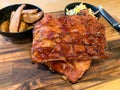 Grilled barbecue pork spare ribs rack with fried potato and coleslaw Royalty Free Stock Photo