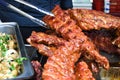 Grilled and barbecued ribs pork. Tasty traditional american meat. beef and pork ribs cooked