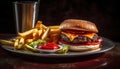 Grilled beef burger with cheese, fries, and cola refreshment generated by AI