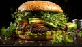 Grilled beef burger with cheese, tomato, and gourmet ciabatta bread generated by AI Royalty Free Stock Photo