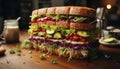 Grilled beef burger on ciabatta with fresh salad and guacamole generated by AI Royalty Free Stock Photo