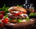 Grilled beef burger with fresh vegetables.