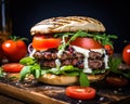 Grilled beef burger with fresh vegetables.