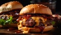 Grilled beef burger on rustic wooden table with fries and salad generated by AI Royalty Free Stock Photo