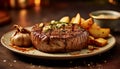 Grilled beef fillet, cooked to perfection, ready to eat on rustic plate generated by AI Royalty Free Stock Photo