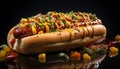 Grilled beef hot dog on bun, a sweet indulgence generated by AI