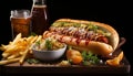 Grilled beef, hot dog, fries, and cola on rustic table generated by AI Royalty Free Stock Photo