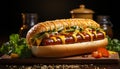 Grilled beef, hot dog, ketchup, bread, freshness, gourmet, bun generated by AI Royalty Free Stock Photo