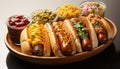 Grilled beef, hot dog, and pork on bun, American lunch generated by AI Royalty Free Stock Photo