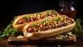 Grilled beef, pork, and hot dog on a bun generated by AI Royalty Free Stock Photo