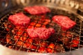 Grilled beef or pork meat grilled on charcoal grill. Cooking yakiniku Japanese style Royalty Free Stock Photo