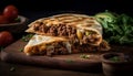 Grilled beef and pork shawarma on toasted flatbread with guacamole generated by AI