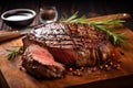 Grilled beef rib eye steak cooked in medium rare. AI Generated Image