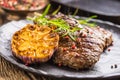 Grilled beef Rib Eye steak with garlic rosemary salt and spices Royalty Free Stock Photo