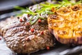 Grilled beef Rib Eye steak with garlic rosemary salt and spices Royalty Free Stock Photo