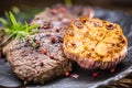 Grilled beef Rib Eye steak with garlic rosemary salt and spices Royalty Free Stock Photo