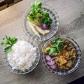 Roast meat on the table with rice.