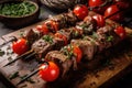 grilled beef shishkabob skewered with juicy chunks of grilled meat, cherry tomatoes, and herbs