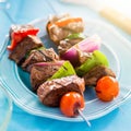 Grilled beef shishkabobs on table close up Royalty Free Stock Photo