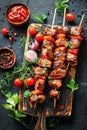 Grilled Beef Skewers With Colorful Bell Peppers and Onions on Slate Platter Royalty Free Stock Photo