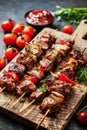 Grilled Beef Skewers With Colorful Bell Peppers and Onions on Slate Platter
