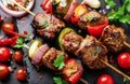 Grilled Beef Skewers With Colorful Bell Peppers and Onions on Slate Platter