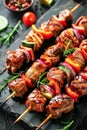 Grilled Beef Skewers With Colorful Bell Peppers and Onions on Slate Platter Royalty Free Stock Photo