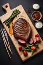 Grilled beef steak with asparagus and tomatoes on wooden board Royalty Free Stock Photo