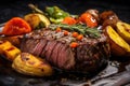 Grilled beef steak with baked potatoes and vegetables as closeup on a modern design plate, Succulent fillet steak and roast Royalty Free Stock Photo