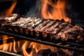 Grilled beef steak on a barbecue grill with flames in the background.