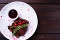 Grilled beef steak with berry sauce flat lay