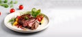 Grilled beef steak with cherry tomatoes on wooden cuttting board. Generative AI