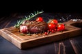 Grilled beef steak with cherry tomatoes on wooden cuttting board. Generative AI