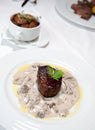 Grilled beef steak with cream mushroom sauce