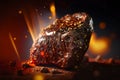 Grilled beef steak on a dark background with fire and smoke. Baked meat. Delicious dish. Artistic blur.