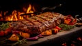 grilled beef steak with flames generated by ai