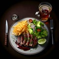 Grilled beef steak with french fries, lettuce, tomato, onion and sauce on black plate Royalty Free Stock Photo