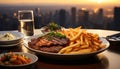 Grilled beef steak, French fries, and salad on outdoor table generated by AI Royalty Free Stock Photo