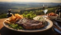 Grilled beef steak, fresh salad, and wine on outdoor table generated by AI Royalty Free Stock Photo